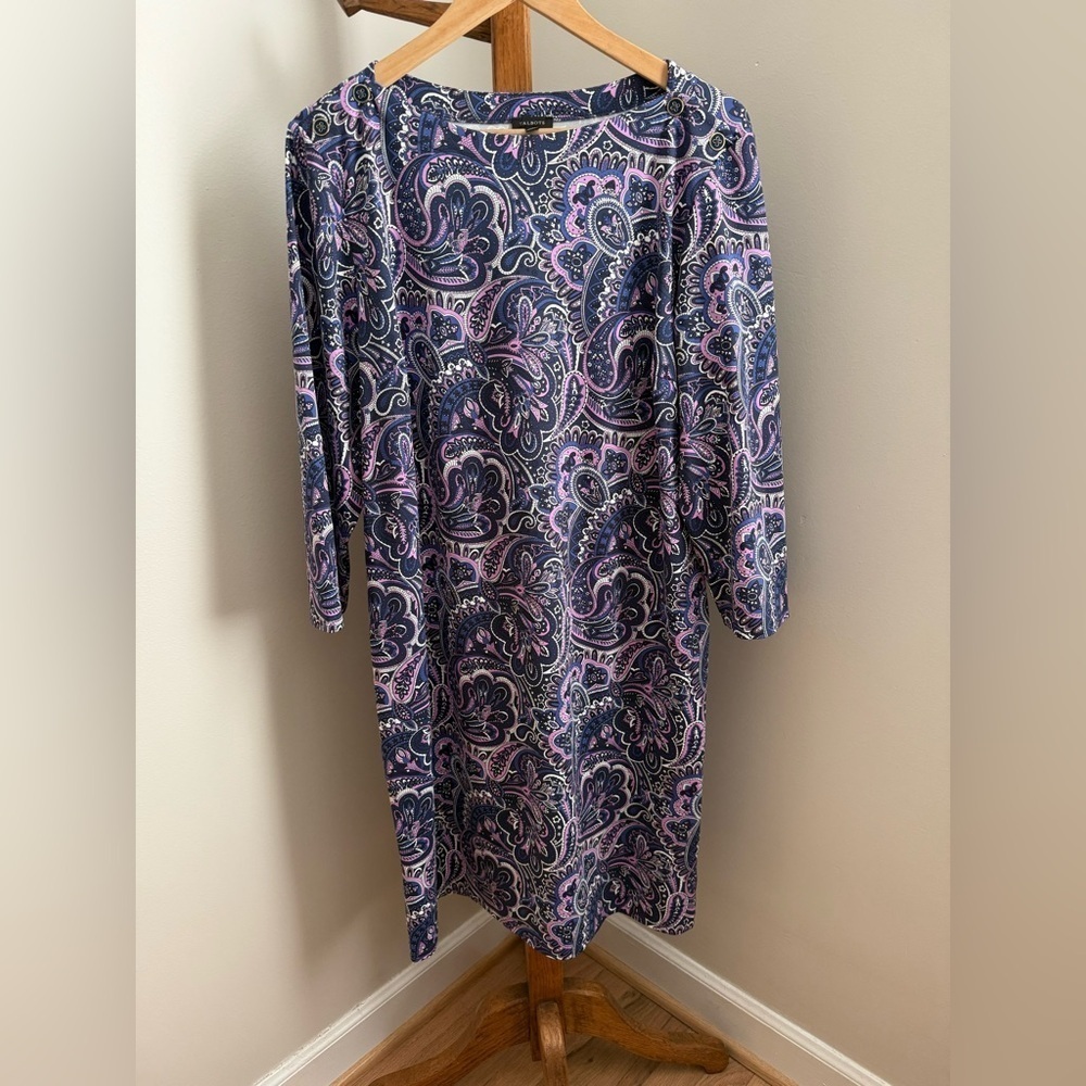 Talbots XL 3/4 Sleeve Stretchy Blue & Purple Paisley Dress